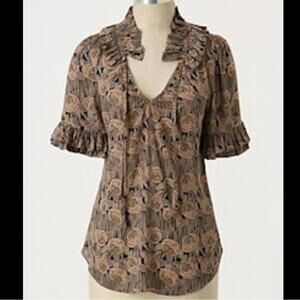 Anthropologie Odille Floral Short Sleeve Ruffle Blouse Sz 4